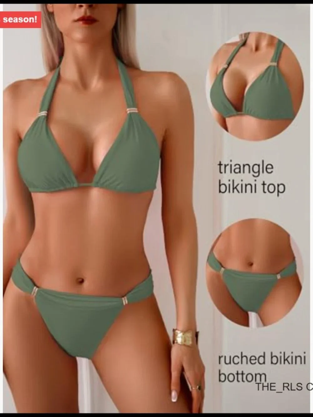 Triangle Ruched Bikini Set with Gold Plated Sliding Rings